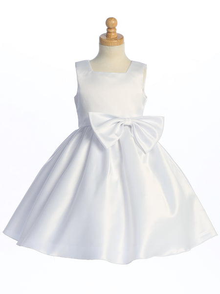 BL257 White Satin Dress with Bow (2-8 years)