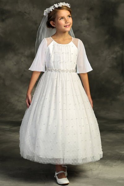 LAST CHANCE KD512 White Pearl Mesh Butterfly Sleeve Long Dress (6 years only)