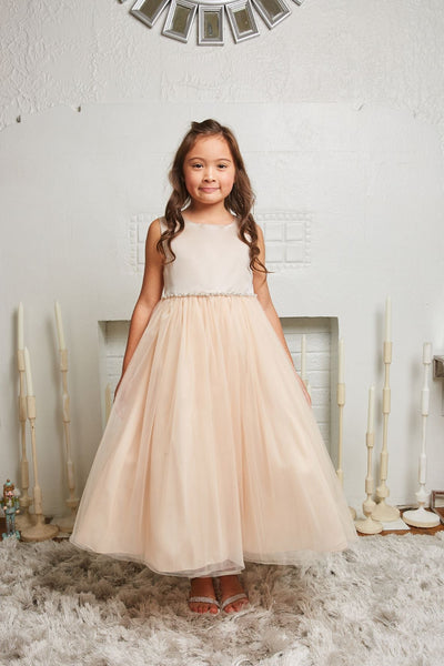 KD538-G Blush Satin Top Dress with Rhinestones & Pearls (sizes 2-20.5)