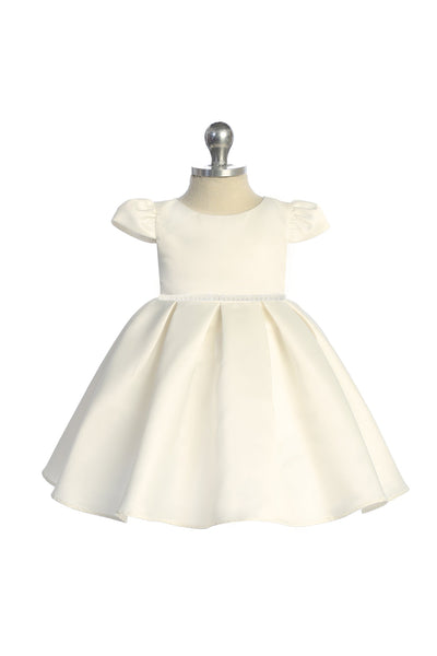KD544C Ivory Satin Classic Pleated Baby Dress with Pearl Trim (3-24m)