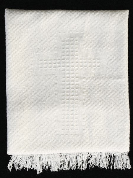B13 White Acrylic Christening Shawl with Cross Design