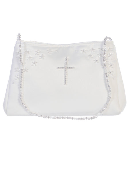 B22 White Communion Handbag with Bead Cross & Handle