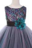 SALE KD327+ Teal Blue Multi-Sequin Trio Colour Tulle Dress (plus size 20.5)