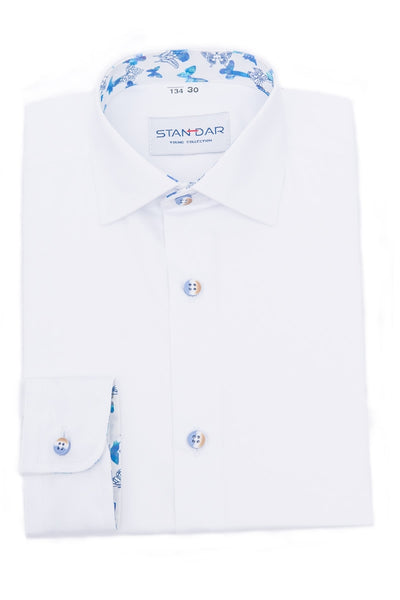 M12 White Formal Shirt with Butterfly Pattern Collar & Cuffs (7-13 years)
