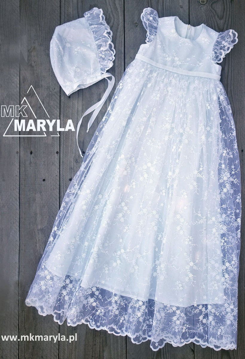 BIA065 White Long Lace Christening Gown with (018m) Leanaí