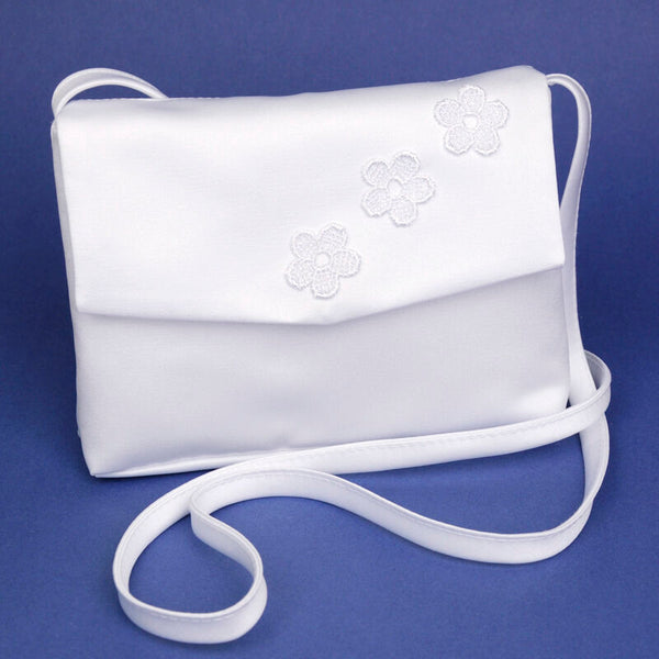 KR62109 White Communion Handbag with 3 Flowers