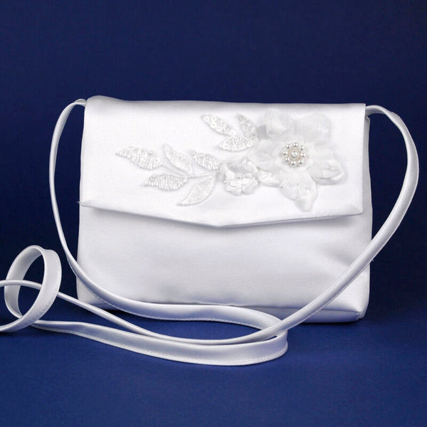 KR62111 White Communion Handbag with Flower & Giupure Leaves