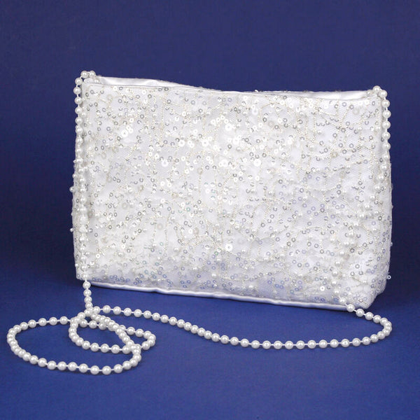 KR62112P White Communion Handbag with Sequin Lace & Pearl Strap