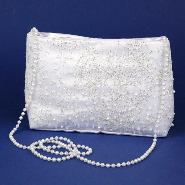 KR62113P White Communion Handbag with Glitter Lace & Pearl Strap