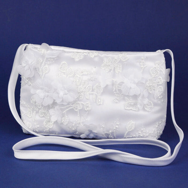 KR62114 White Communion Handbag with Lace & Flowers