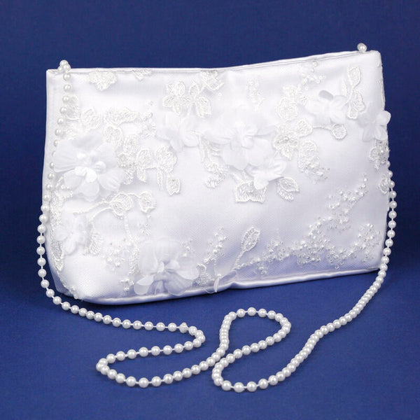 KR62114P White Communion Handbag with Lace, Flowers & Pearl Strap