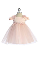 KD562B Blush Satin & Tulle Dress with Floral Trim (baby sizes)