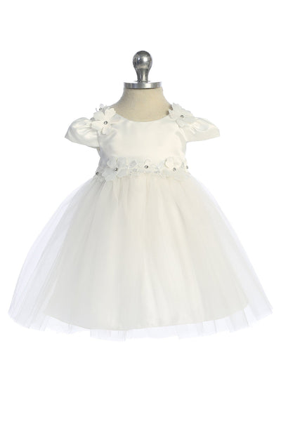 KD562B Ivory Satin & Tulle Dress with Floral Trim (baby sizes)