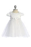 KD562B White Satin & Tulle Dress with Floral Trim (baby sizes)