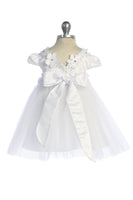 KD562B White Satin & Tulle Dress with Floral Trim (baby sizes)