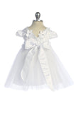 KD562B White Satin & Tulle Dress with Floral Trim (baby sizes)