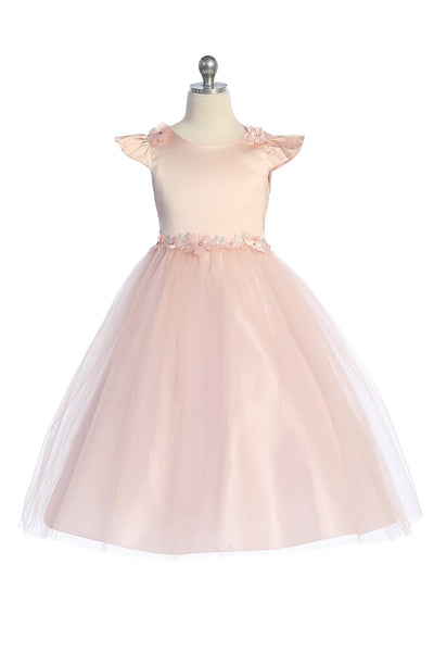 KD562 Blush Satin & Tulle Dress with Floral Trim (2-14 yrs)
