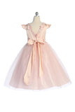 KD562 Blush Satin & Tulle Dress with Floral Trim (2-14 yrs)