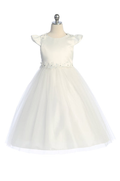 KD562 Plus Size Ivory Satin & Tulle Dress with Floral Trim (sizes 16.5-20.5)