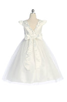KD562 Plus Size Ivory Satin & Tulle Dress with Floral Trim (sizes 16.5-20.5)