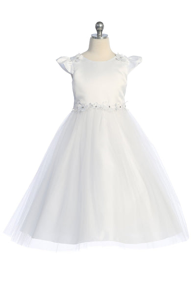 KD562 White Satin & Tulle Dress with Floral Trim (2-14 yrs)