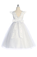 KD562 Plus Size White Satin & Tulle Dress with Floral Trim (sizes 16.5-20.5)