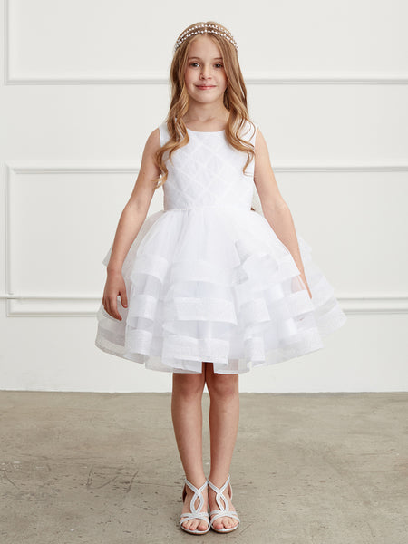 TK5829 Short White Dress with Glitter Horsehair Ruffles (2-12 yrs)