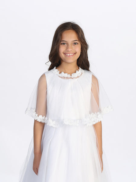 TK7911 White Tulle Cape with Lace Trim (2-16 yrs)