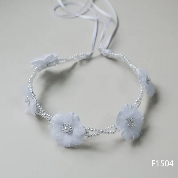 F1504 White Halo Wreath Communion Headpiece with Ribbons