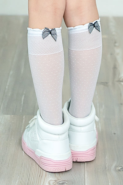 AVA White 20 Den Knee Highs with 3D Bow (5-10 years)