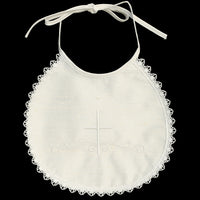 BB34 Off-White Raw Silk Christening Bib with Lace Trim