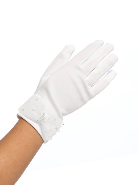 BMG Matte Short White Communion Gloves with Beaded Bow (2 sizes)