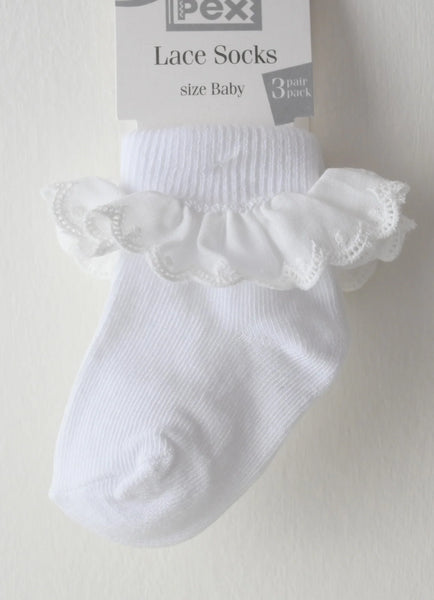 Sophie 3 Pairs of White Cotton Socks (newborn to 3.5 youth size)