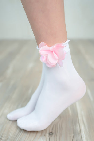 HAWAI White 40 Den Microfibre Girls Socks with Pink Flower (5-10 years)
