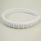 F1515 White Satin Communion Hairband with Pearls and Sequins