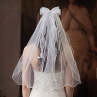 V1599W1-1W White Veil on Comb with Curly Ribbons