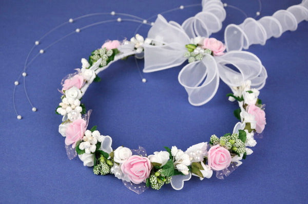 KR64770 Floral Halo Wreath Headpiece with White Organza Ribbons