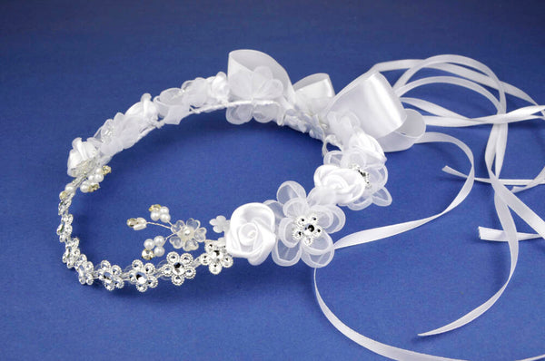 KR64234 White Halo Wreath Headpiece with Satin Ribbons