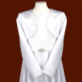 K67 Long Sleeve Classic White Satin Bolero with Pearled Cuffs