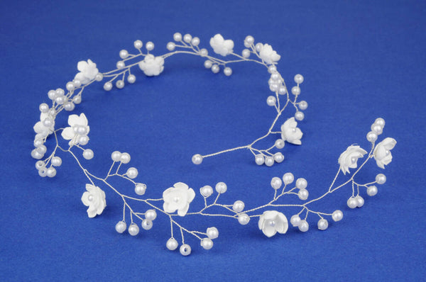 KR64179 Ivory Flexible Twine Headpiece with Flowers & Pearls