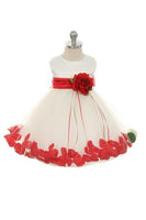 KD160 White Dress with Organza Sash, Flower & Petals (sizes 2-20.5)