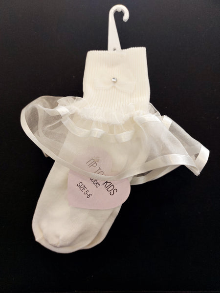 TK8011 Ivory Satin Trimmed Frilly Socks (all sizes 0-11 years)