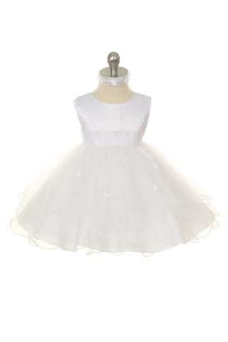 KD210 White Beaded Lace Trim Dress with Headband (0-24m)