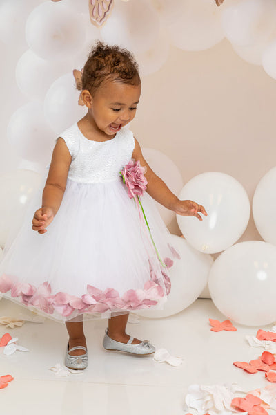 KD195C White Petal Baby Dress with Sequin Top (3-24 months) – Leanaí Athlone KD195C White Petal Baby Dress with Sequin Top (3-24 months) – Leanaí Athlone