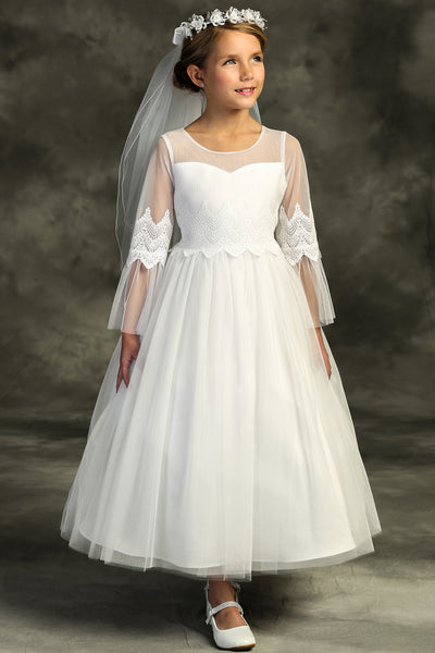 KD508 White Embroidery Mesh Ruffle Sleeve Communion Dress (4-16 years)
