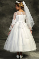 LAST CHANCE KD508 White Embroidery Mesh Ruffle Sleeve Communion Dress (12-16 years)