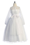 LAST CHANCE KD516 White Long Mesh Sleeve Pearl Communion Dress (10 & 16 years)