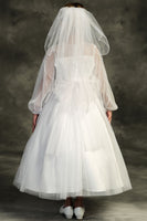 LAST CHANCE KD516 White Long Mesh Sleeve Pearl Communion Dress (10 & 16 years)