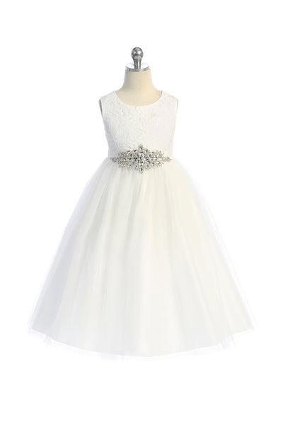 KD524-D Ivory Long Flower Girl Dress with Diamond Cluster (2-14 years)