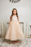 KD538-G Blush Satin Top Dress with Rhinestones & Pearls (sizes 2-20.5)